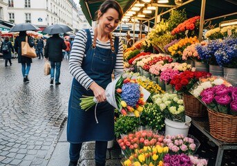 A florist arranging a bouquet of colorful flowers at a market stall in Paris