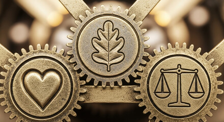 ESG framework driving sustainable business and financial decisions. Interlocking metal gears with heart leaf and scale icons symbolize social environmental and governance unity