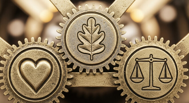 ESG framework driving sustainable business and financial decisions. Interlocking metal gears with heart leaf and scale icons symbolize social environmental and governance unity