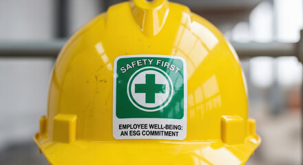 Yellow hard hat with safety first sticker for employee well being an esg commitment. serious financial and business responsibility showing corporate governance and worker safety