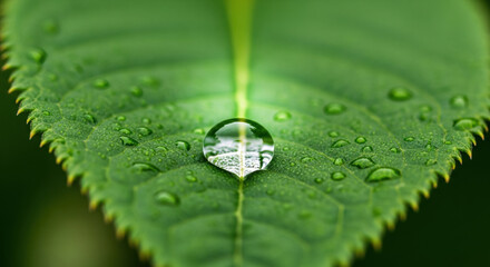 Pure water drop on green leaf representing esg principles for sustainability and financial growth. hopeful fresh perspective on green business future