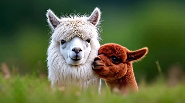 A baby alpaca and its mother in a field of grass