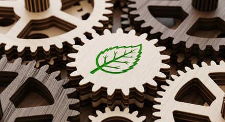 Green leaf on wooden gear symbolizing sustainable esg business strategy. Corporate social responsibility innovation combines with solid financial plan for clean future