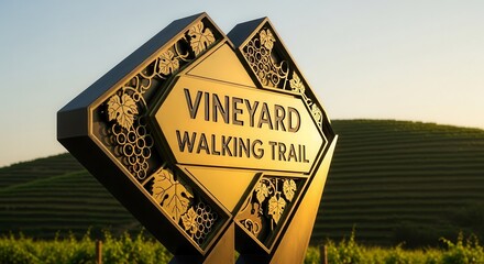 Elegant Vineyard Walking Trail Sign In Golden Color: Scenic View Suggests Relaxation Time