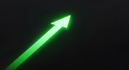 Glowing green arrow pointing up symbolizes growth and success for business financial goals. An upward esg trend indicates positive progress and future direction