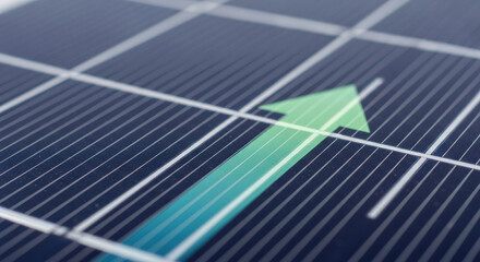 Green arrow up on solar panel represents optimistic esg business growth. positive financial investment in sustainable and clean energy for future of our planet