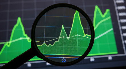 Magnifying glass focusing on green stock market chart showing esg analysis for business growth. This financial data represents successful investment and economic trend