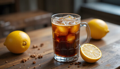 Glass of tea with lemon and refreshing lemonade