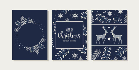 Merry Christmas cards with deers and leaves. Modern templates. Vector illustration.