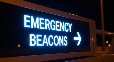 Emergency Beacons Sign Illuminated With Directional Arrow Depicting Information at Night
