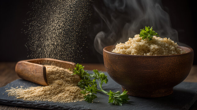 A photo of gluten-free African fonio grains. A small pile of dry fonio shows off its delicate texture, while another portion sits perfectly cooked, airy and steaming in a nearby handmade ceramic bowl,