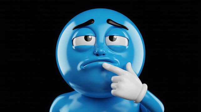 Close Up 3D Blue Cartoon Character Thoughtful Worried Expression Render — cartoon