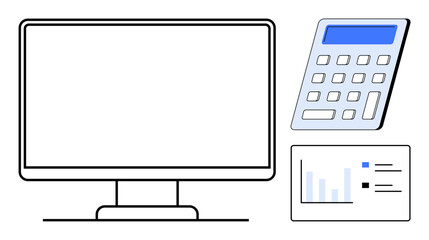 Desktop monitor, calculator, and bar graph concept for data analysis, finance, education, or productivity. Ideal for business, accounting, technology research education planning simple flat