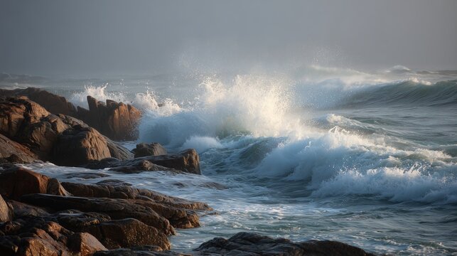 Waves crashing against rocky shore during a misty morning at the coastline
