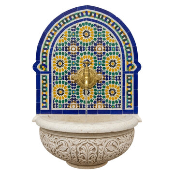 Moroccan fountain with Zellige tiles and carved stone basin. cutout on transparent background.