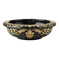 Ornate black marble basin with gold baroque trim. cutout on transparent background