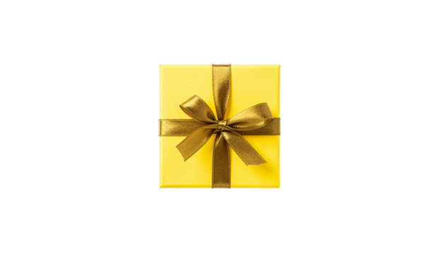 Yellow gift box with golden ribbons isolated on transparent and white background