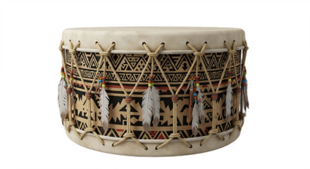 A native american drum with geometric patterns and feathers hanging from the sides of the drum