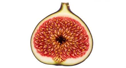 A halved fig showcasing its intricate internal structure against a stark black background view close up