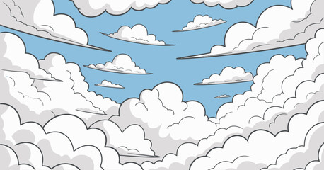 A panoramic view of an expansive sky filled with fluffy white clouds against a bright blue background, creating a serene atmosphere that conveys tranquility and the beauty of nature.