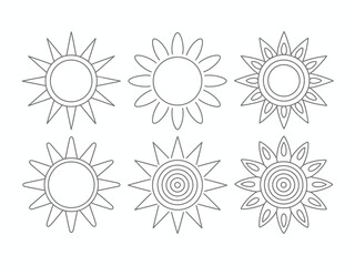 This image presents a series of sun illustrations in different styles, showcasing creativity in design while representing warmth and positivity.