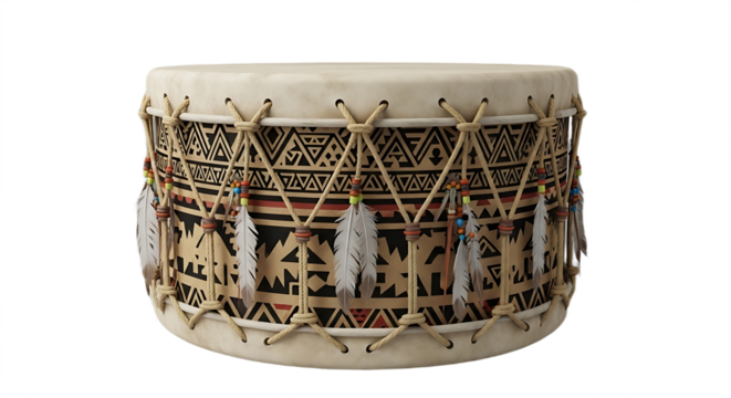A native american drum with geometric patterns and feathers hanging from the sides of the drum