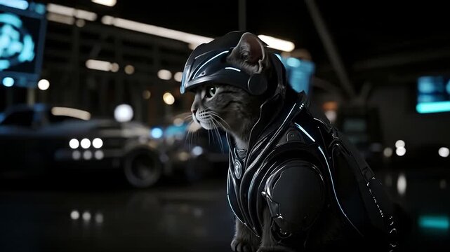 A cat wearing a space suit sitting in a dark room