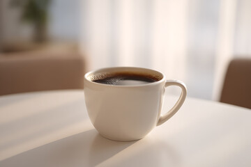 Obraz premium Aromatic coffee in a white mug on a table, creating a cozy and inviting atmosphere with soft natural light.