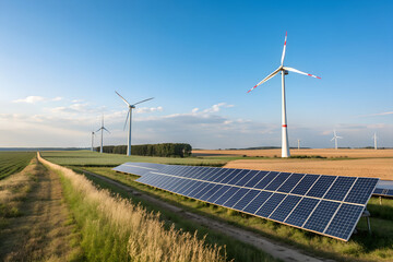 Large solar panel array stretching across farmland with wind turbines in the distance. Renewable energy production, environmental responsibility and sustainable countryside development.