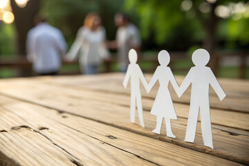 Paper cutout figures symbolizing family unity and support on a wooden table with people blurred in background. Concept of care, relationships, childhood, parenting and community values.