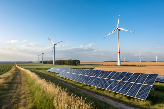 Large solar panel array stretching across farmland with wind turbines in the distance. Renewable energy production, environmental responsibility and sustainable countryside development. - Powered by Adobe