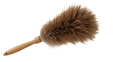A feather duster with a wooden handle is displayed against a black background in a studio shot