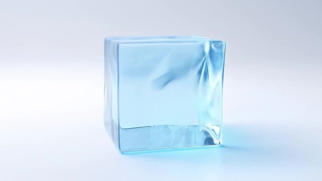 A translucent blue cube with blurred internal patterns sits on a white surface with a gradient background