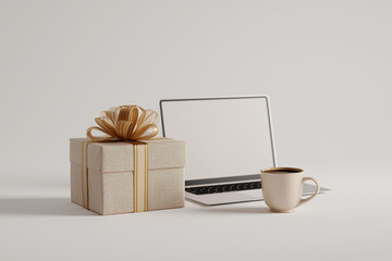 Minimalist Workspace with Laptop, Gift, and Coffee