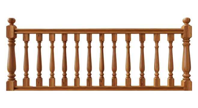 Wooden stair railing section, turned balusters and newel posts. cutout on transparent background