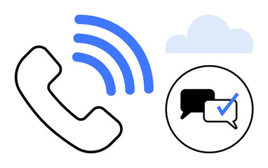 Minimalistic phone icon with sound waves, speech bubbles with checkmark, and cloud connecting. Ideal for telecommunication, messaging, connection, networking, cloud storage, customer service simple