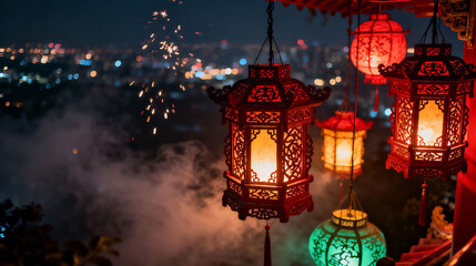 A row of colorful chinese lanterns hanging in the night with smoke around