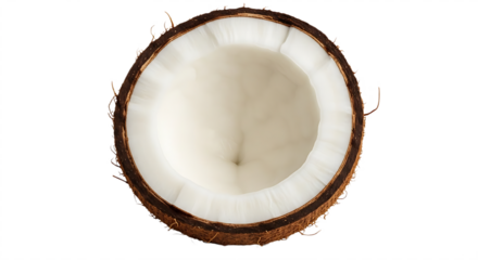 A close up shot of a halved coconut with white flesh and brown shell on a black background studio shot