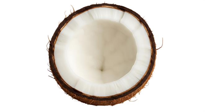 A close up shot of a halved coconut with white flesh and brown shell on a black background studio shot