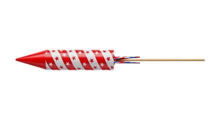 American flag themed firework rocket with stick. cutout on transparent background