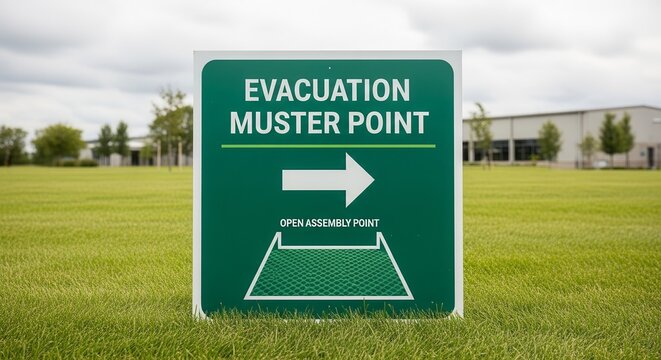 Evacuation Muster Point Signage: Safety Guidance and Open Assembly Location Directions