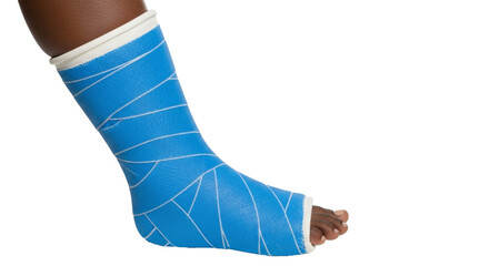 Person's leg with bright blue orthopedic cast. cutout on transparent background
