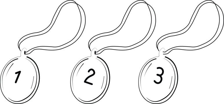 Line art winner medals with numbered ribbons for competition ranking and achievement graphics