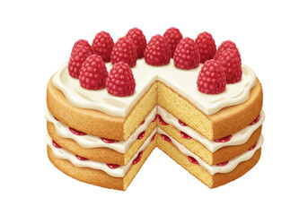 Isolated raspberry layered sponge cake, a delicious dessert with cream and fruit filling layers