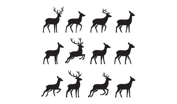 Graphic black silhouettes of wild deer male, female and roe deer Collection. Twelve Black Wildlife Poses with Antler Variations for Nature Design