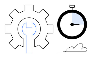 Gear with wrench representing tools and processes, stopwatch showing time management, minimal cloud element. Ideal for process optimization, time management, repair, productivity, efficiency