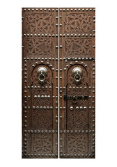 Antique Moroccan carved wooden door with studs. cutout on transparent background
