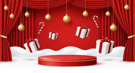 Festive Holiday Display Gifts, Stage, and Red Curtains