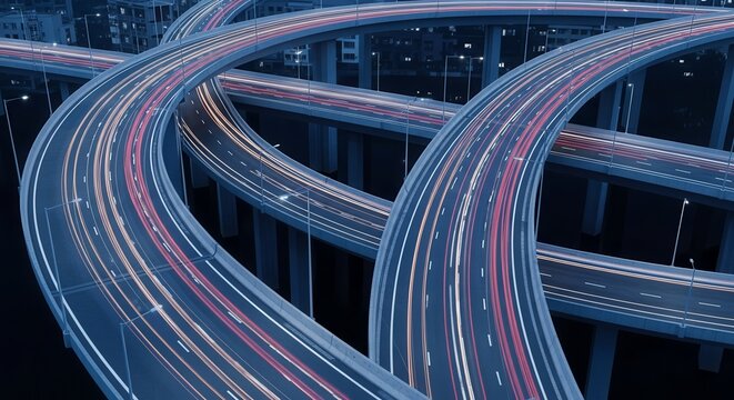 Evening City Freeway Intersection Illuminated by The Car Movement Lights Trails at Night