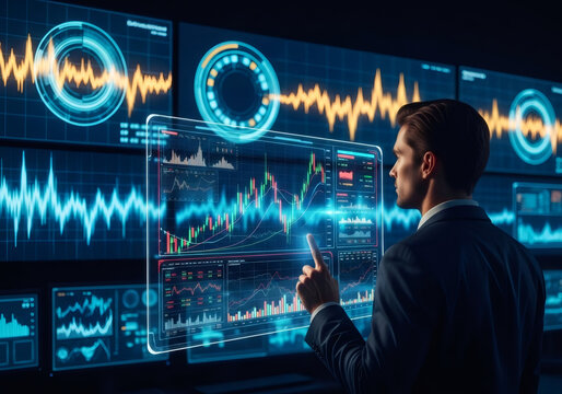 Man trader working on futuristic virtual screen with financial data charts. Business analysis concept for stock market investment.